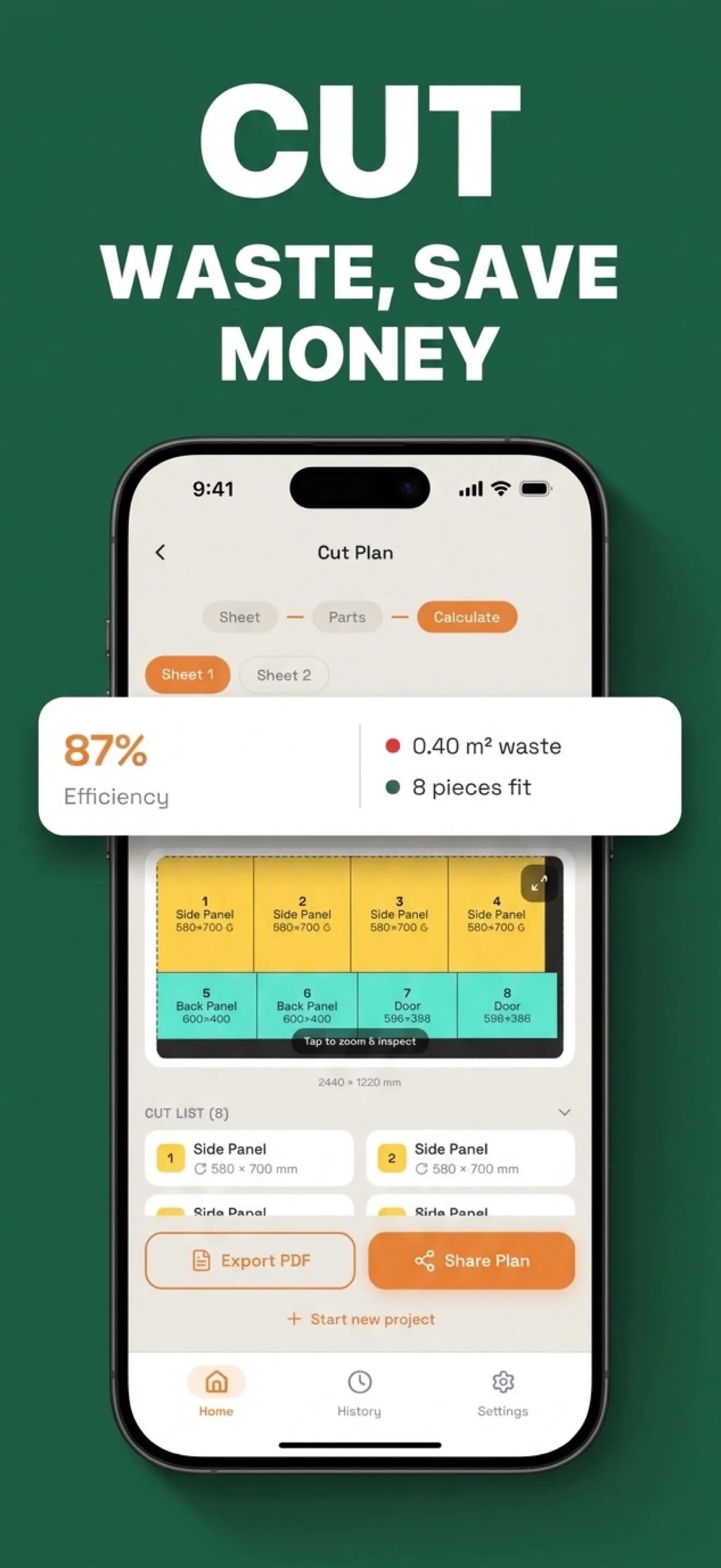 Cutlist Optimizer: a cut plan at 87% efficiency