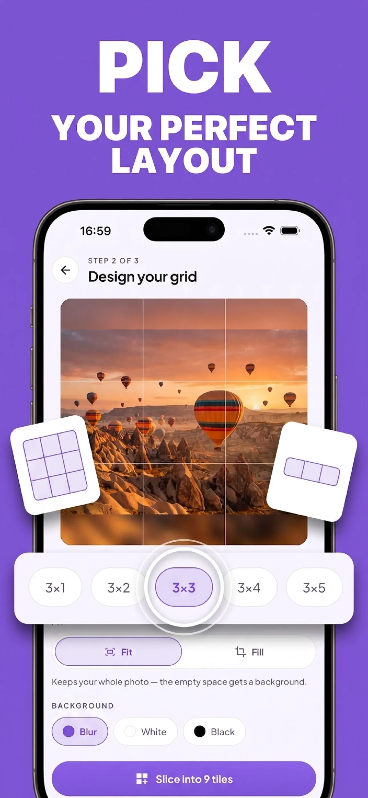 Layout options from 3×1 to 3×5 over the photo