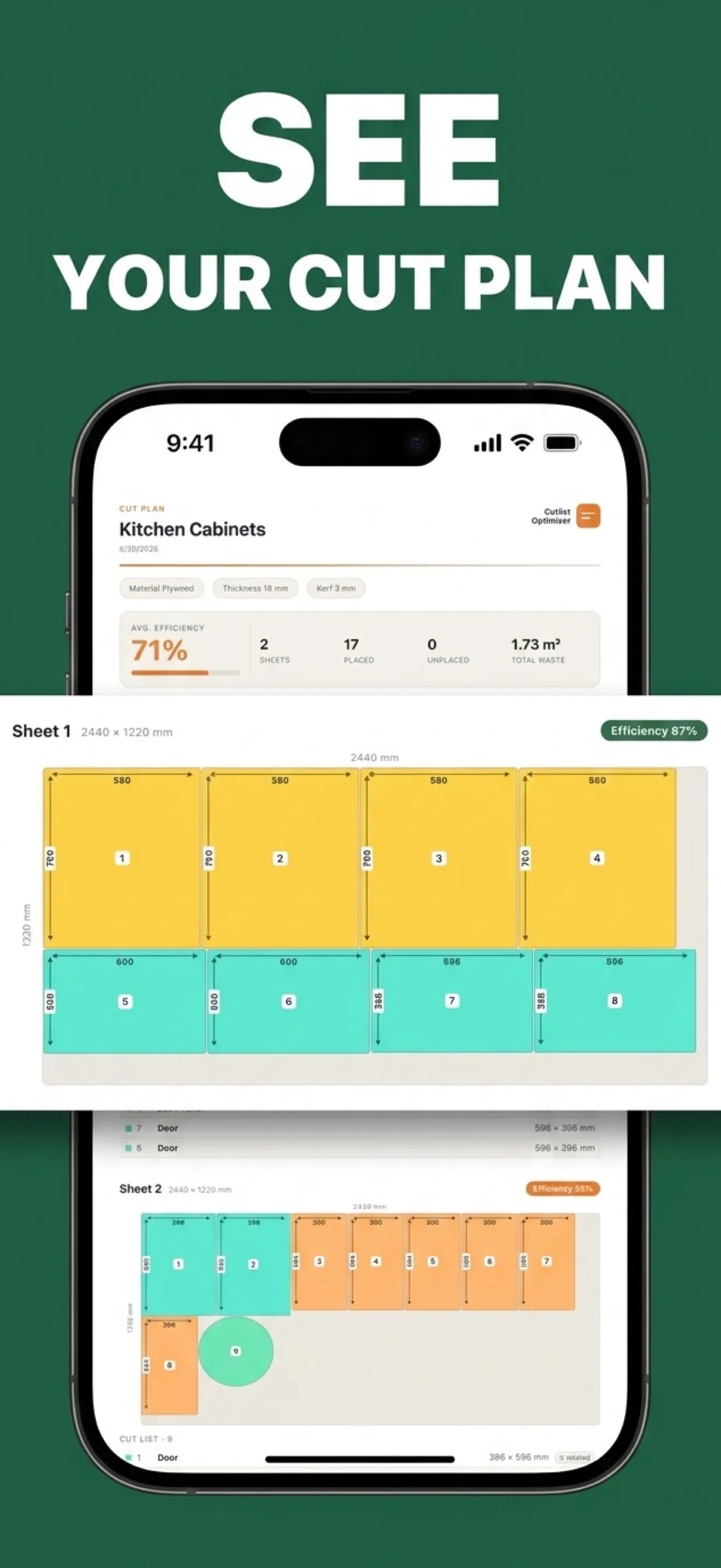 Cutlist Optimizer: the plan drawn with numbered parts