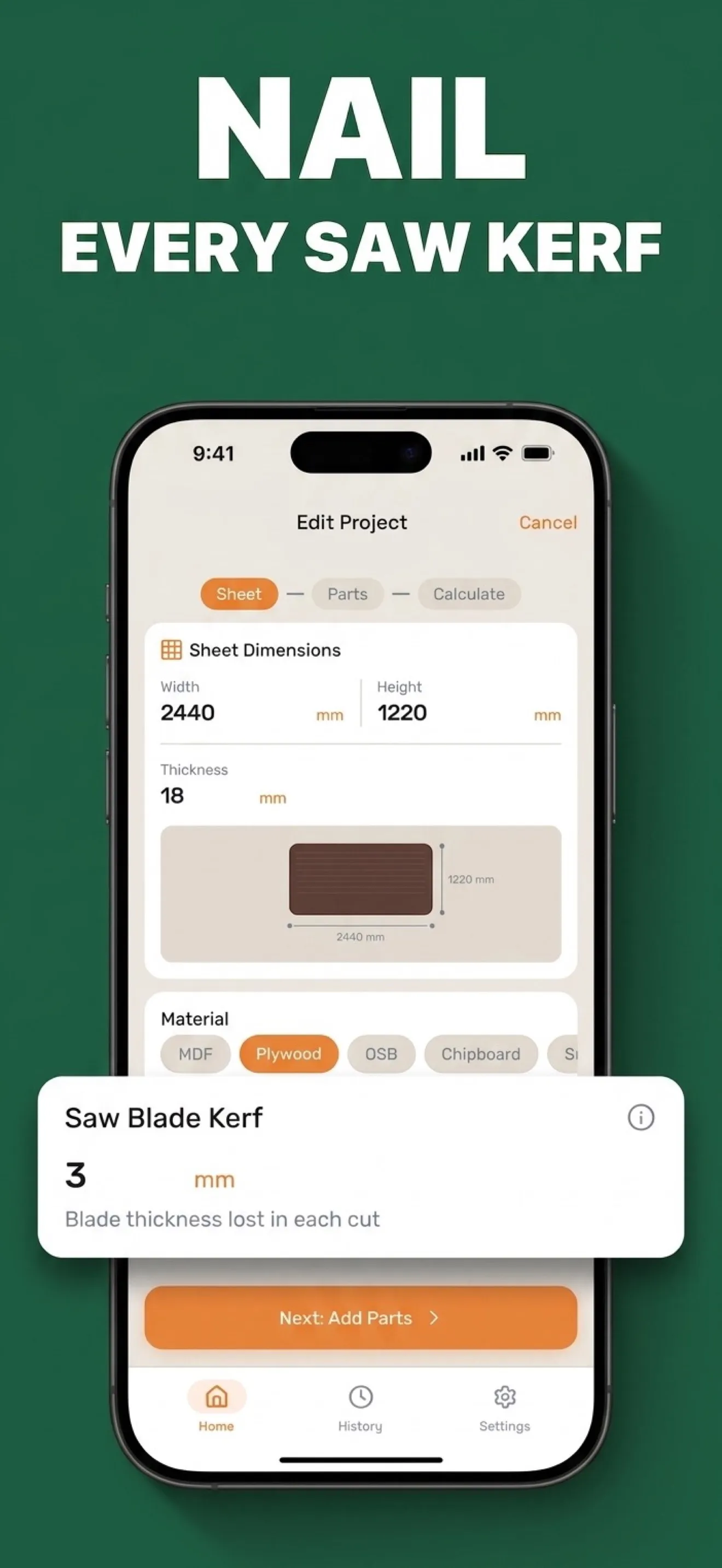 Sheet dimensions, material choice and the saw blade kerf setting