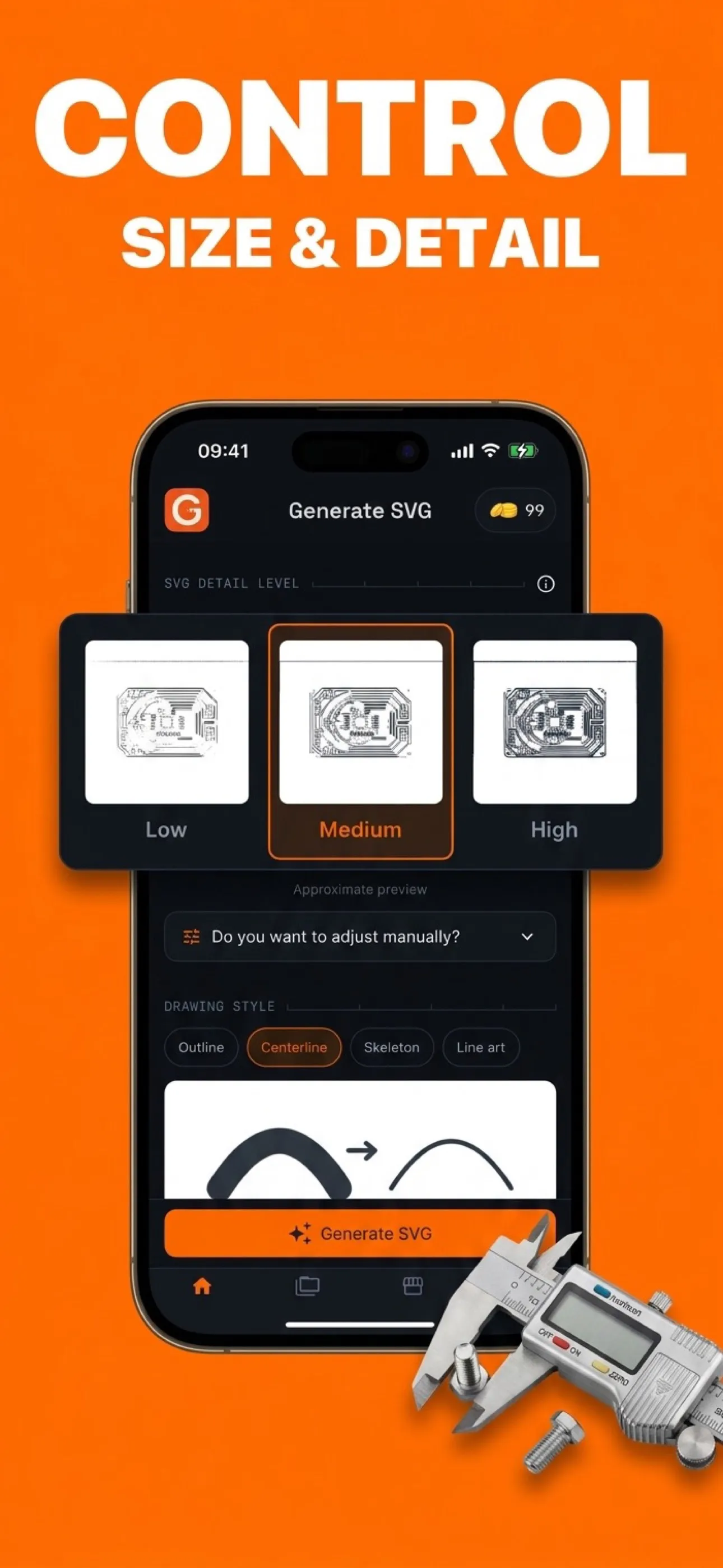 Detail level and drawing style controls with previews