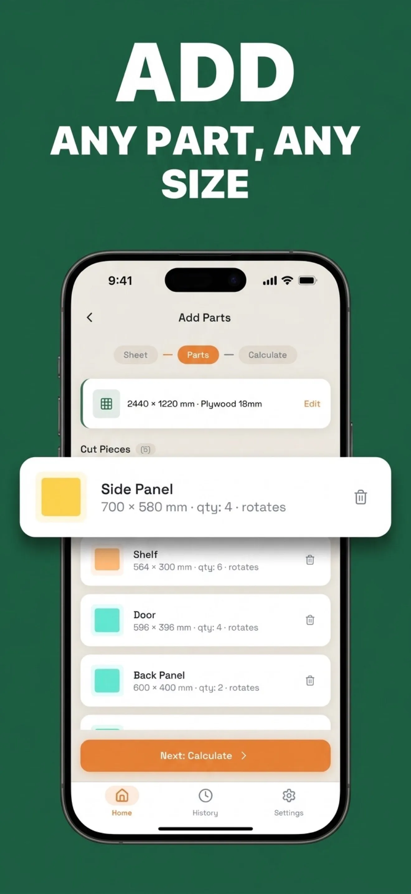 Adding a part: dimensions, quantity and rotation