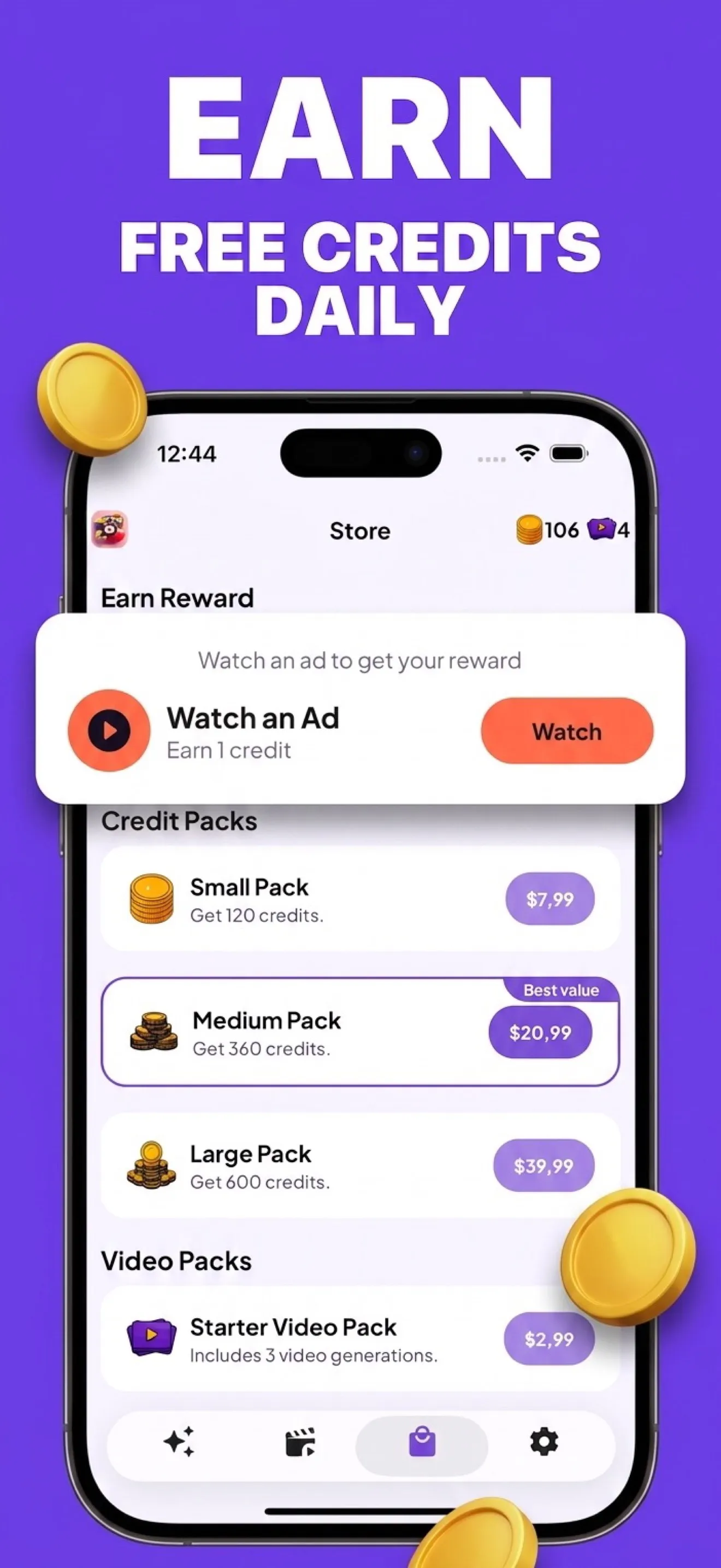 Earning credits with a daily rewarded ad, next to credit packs